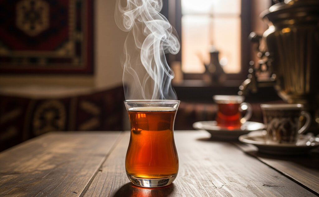 استکان چای طبیعی لاهیجان روی میز چوبی در قهوه‌خانه سنتی گیلان